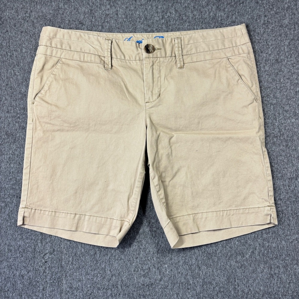 American Eagle Khaki Bermuda Shorts Womens 14 Tan Cotton Stretch Mid Rise Casual